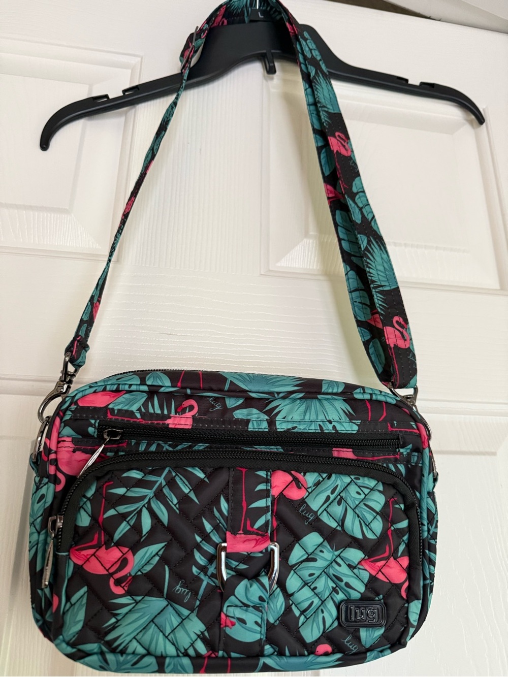 Lug Carousel  Crossbody Bag and Tram Wallet- Black with Teal & Pink Flamingo